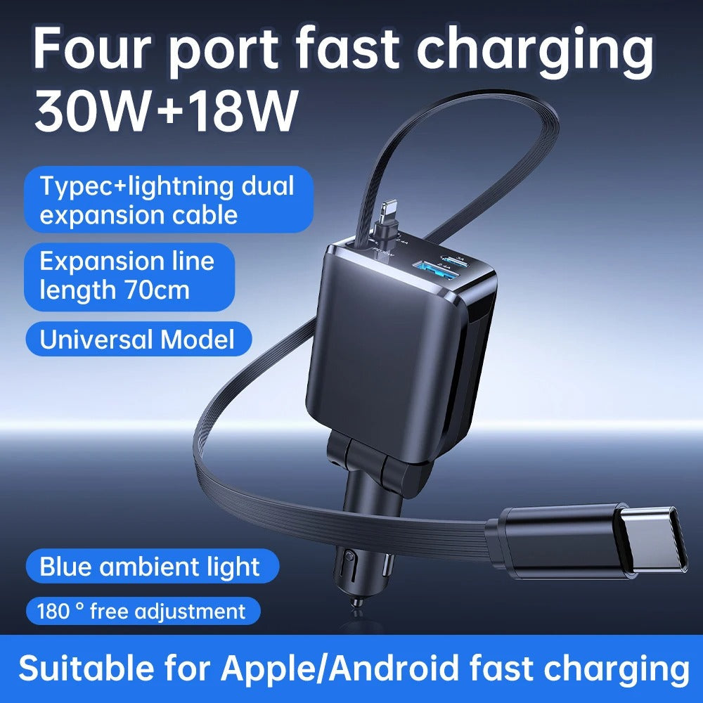 4-in-1 Retractable Car Charger โ Fast Charging Cable Organizer for All Devices
