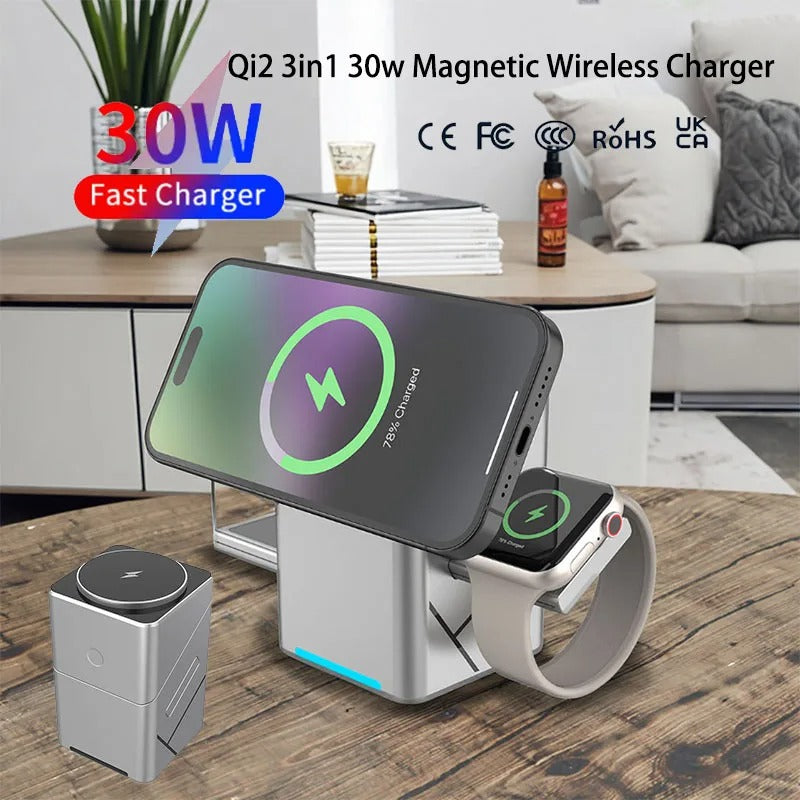 3-in-1 Wireless Charging Station – Fast Charger for iPhone, Apple Watch & AirPods Stand